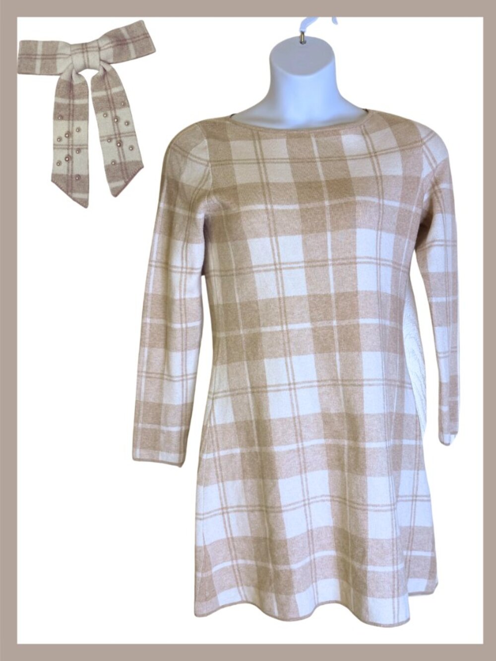 Tahari beige and cream plaid long-sleeve double-knit dress + matching hair bow